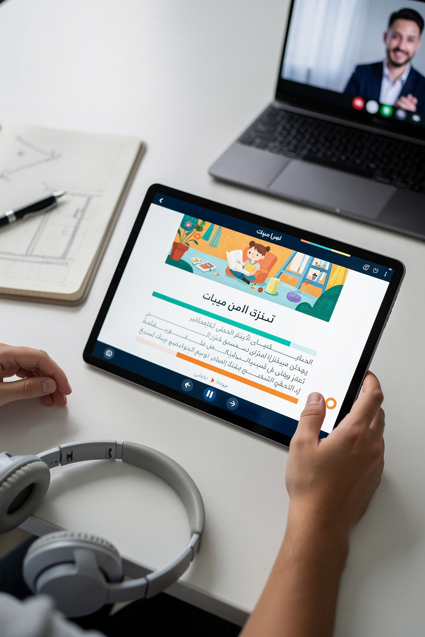 منصة تعلم اللغة الإنجليزية بالذكاء الاصطناعي - واجهة قراءة الروايات التعليمية مع صور عالية الجودة وتصحيح نطق فوري